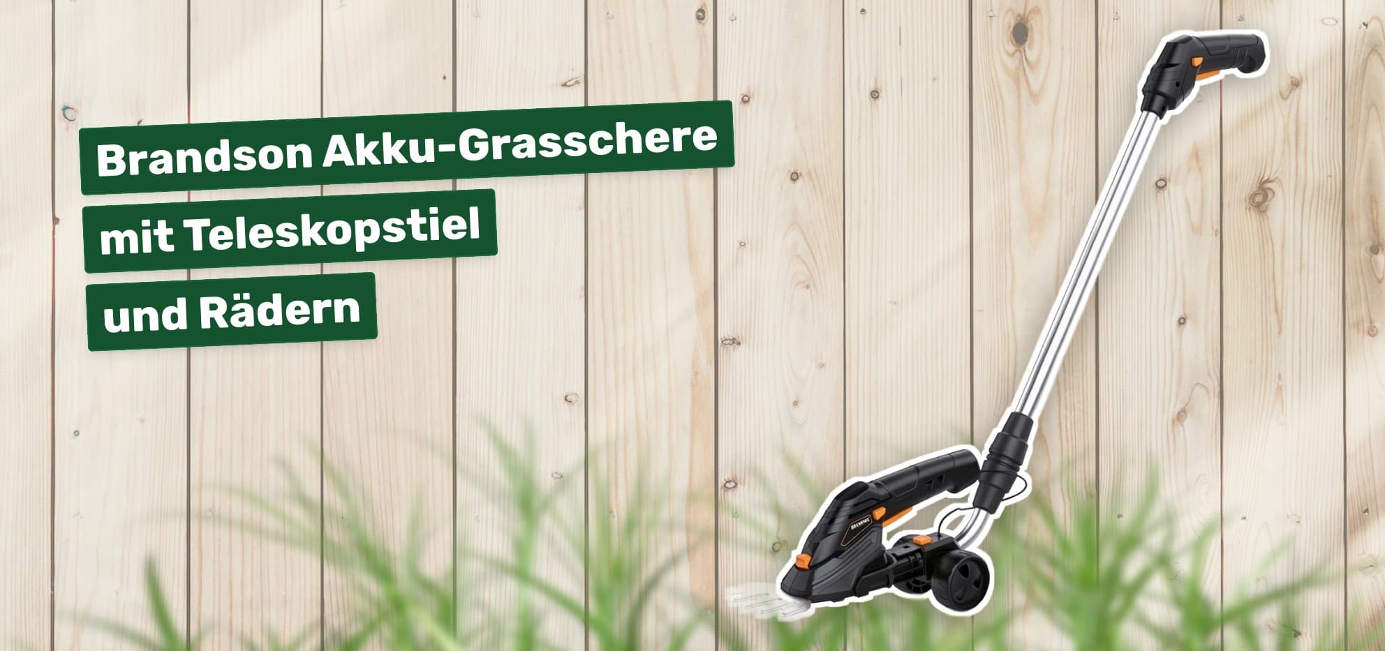 Brandson Akku-Grasschere mit Teleskopstiel und Rädern