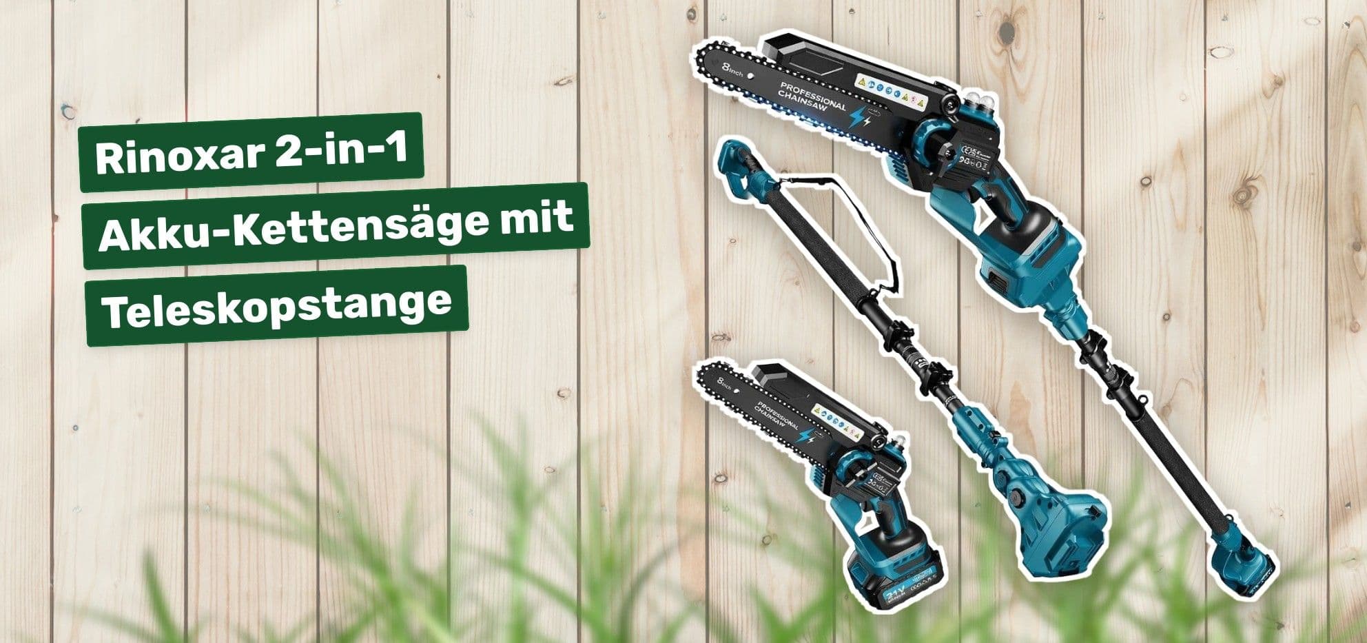 Rinoxar 2-in-1 Akku-Kettensäge mit Teleskopstange